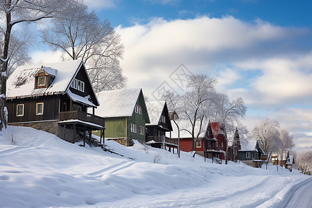 房屋和树木上都是白雪背景图片