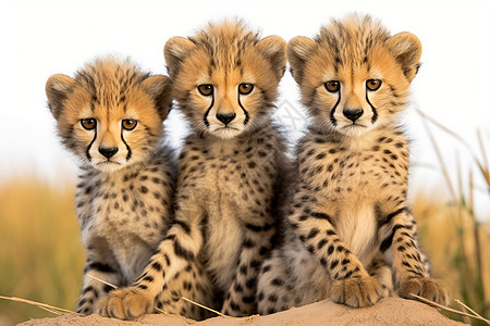 三只猎豹幼崽坐在草原上图片
