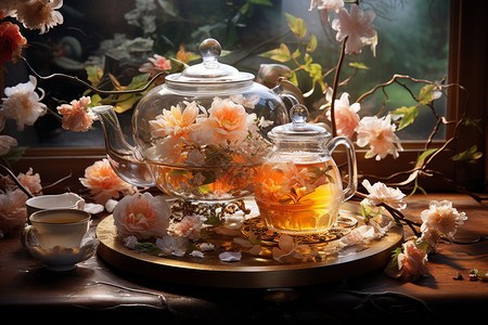 鲜花簇拥的茶具图片