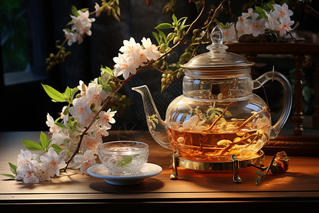 玻璃茶壶里的花茶背景图片