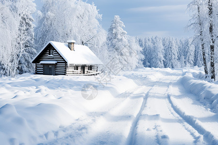 积雪山林里的小屋图片