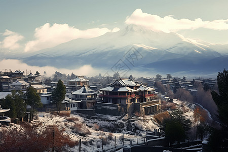 雪山下的古城景观背景图片