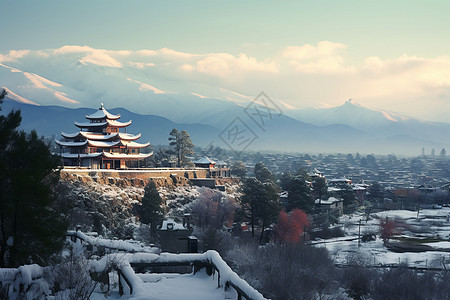 台儿庄古城雪景中的建筑背景