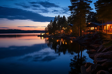 湖边月色月夜下的湖畔小屋背景