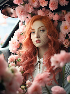 粉色头发的女孩被鲜花簇拥图片