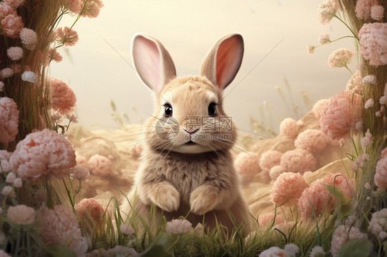 可爱的兔子站在花丛中图片