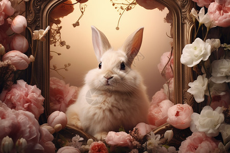 兔子坐在花丛中图片