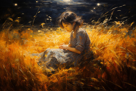 躺在金色稻田上的小女孩图片