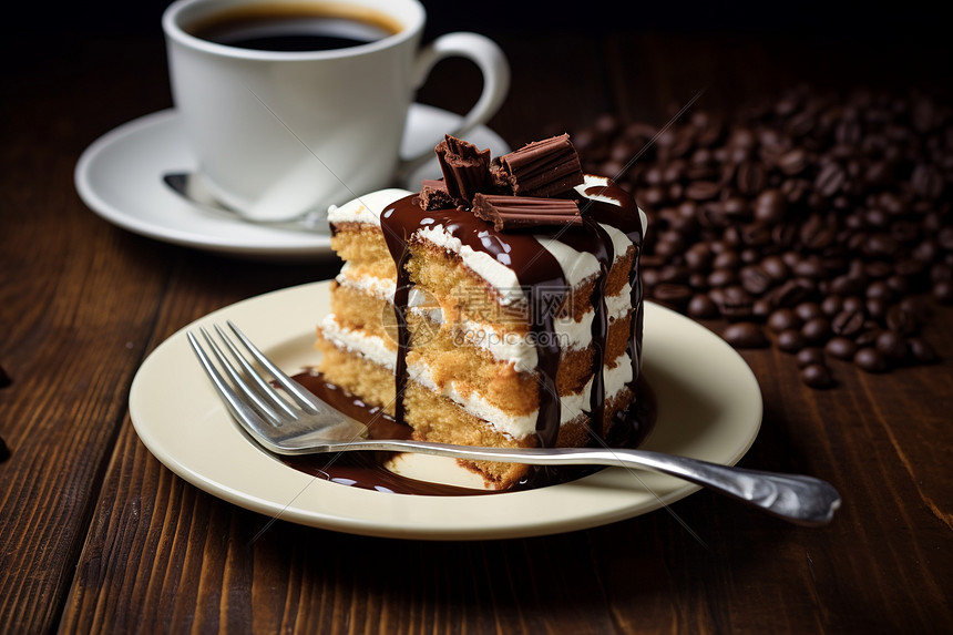 香甜的巧克力蛋糕和一杯咖啡图片