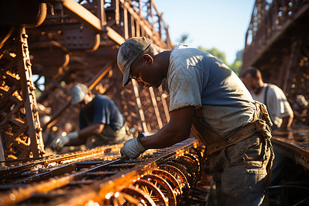 炎炎夏日工人们焊接桥梁背景图片