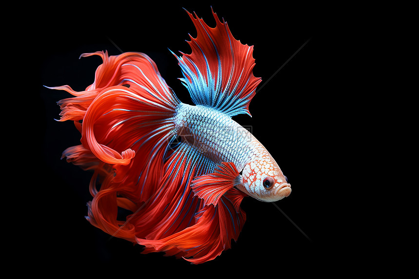 红蓝鱼在黑色背景下的美丽姿态图片