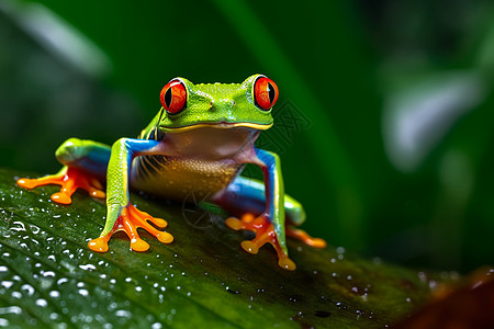 红眼青蛙雨中坐在叶子上图片