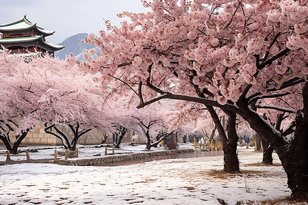 樱花雪景下的和平园图片