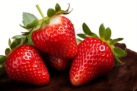 三颗草莓在一个木盘上图片