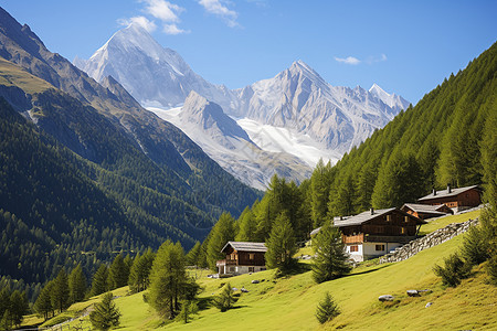 森林木屋山水中的村庄背景