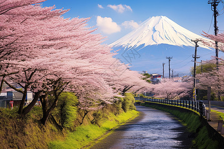 富士山下的樱花树图片