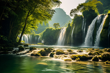 山间河流翠绿山间瀑布背景