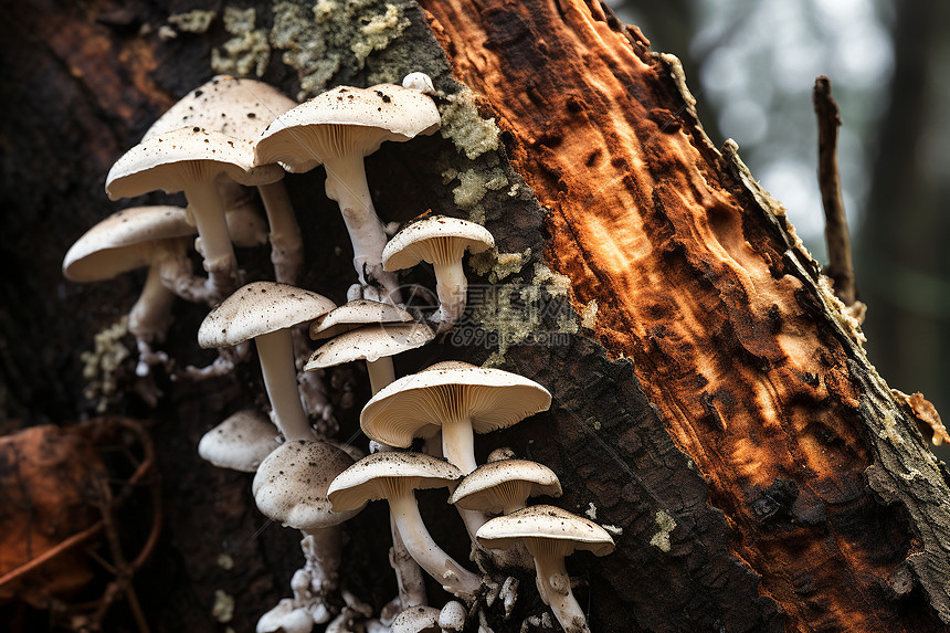 森林中树干上生长着一群蘑菇图片