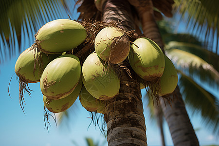 树上果实椰子树上成熟的椰子背景