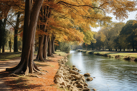 秋日森林边河岸上的景色图片
