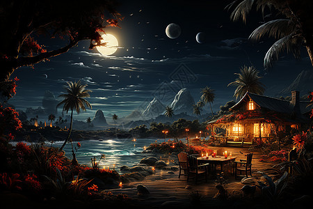 月光下温馨的海边度假小屋背景图片