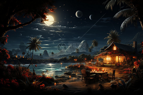 月光下温馨的海边度假小屋图片