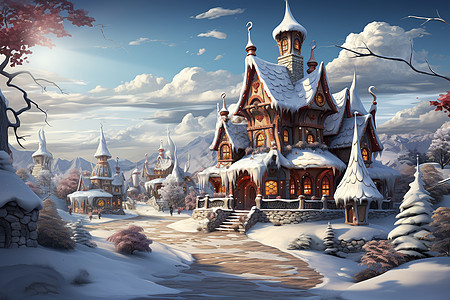 冬季林中的童话小屋背景图片