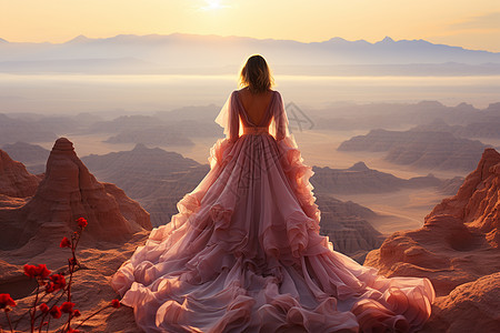 荒漠沙丘上唯美的纱裙女子图片