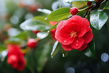 春季绽放的红色山茶花背景图片