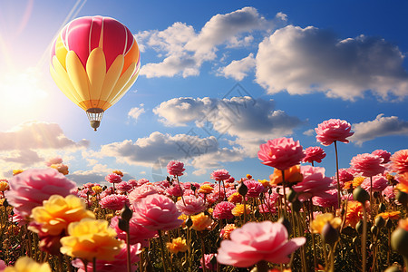 野外花田上空的热气球图片