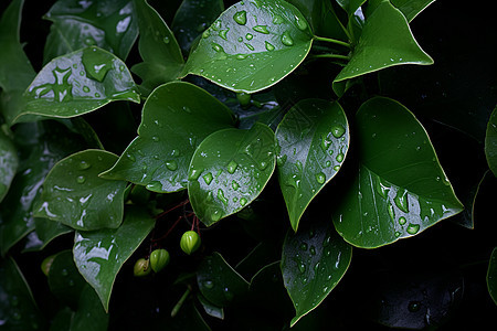 雨后沾满雨滴的绿叶图片