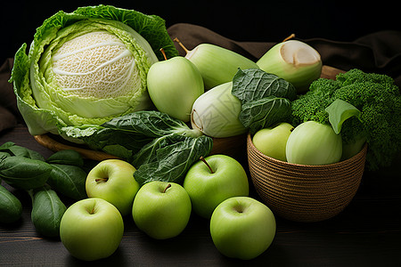 丰收的绿色蔬菜和苹果图片