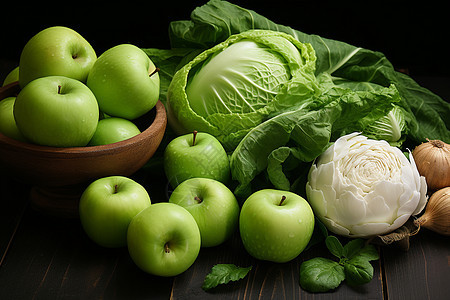 桌面上新鲜的绿色蔬菜和苹果图片