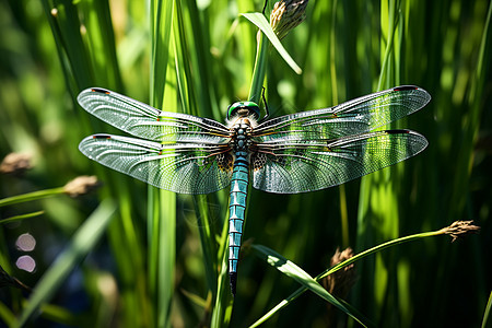 草丛中展开翅膀的蜻蜓背景图片