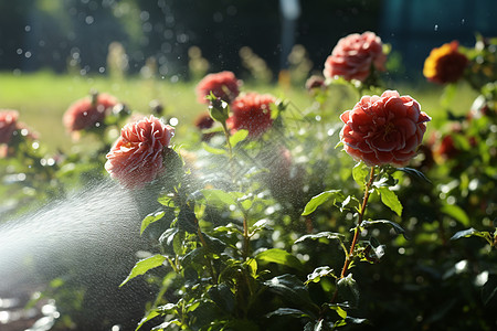 夏季花园中灌溉的玫瑰花图片