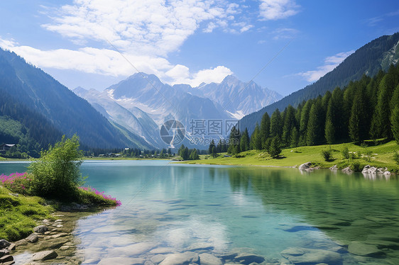 夏季山中静谧的湖泊景观图片