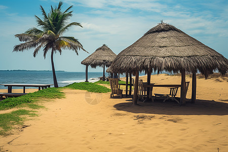 热带沙滩上的茅草亭图片