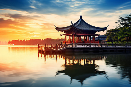 夕阳下湖中的传统凉亭图片