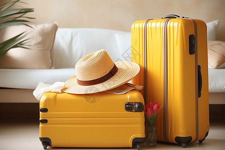 打开的行李箱简约的黄色行李箱背景