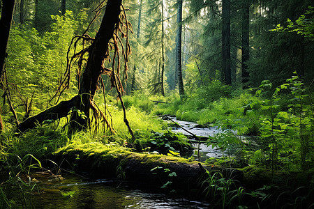 森林中的河流和树木图片