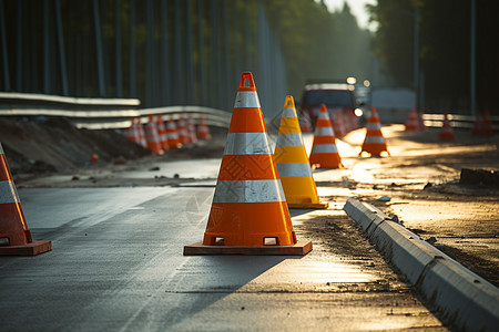 道路维修施工道路上的警示路障背景