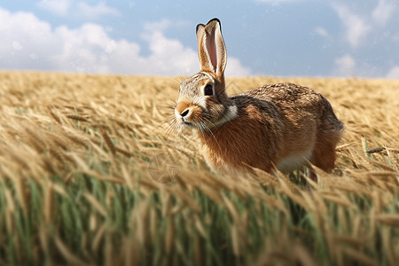 麦田中觅食的野兔图片