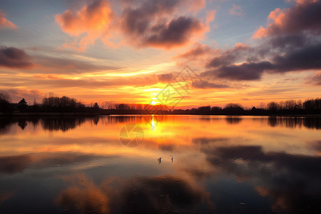 夕阳下静谧的湖泊景观图片