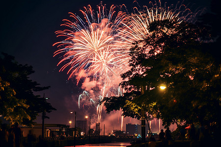 城市夜空中壮观的烟花图片