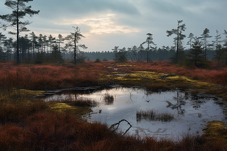 森林中的湿地景观图片