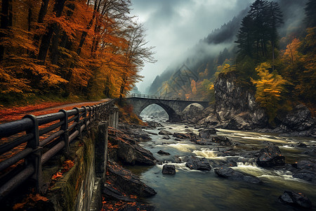 秋季雾气弥漫的山间河流景观图片