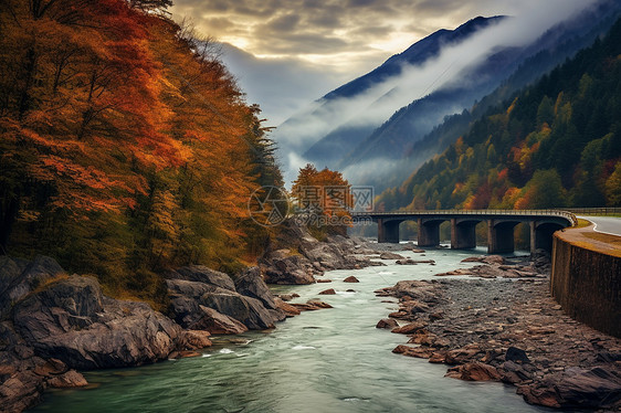 秋季山间的河流景观图片