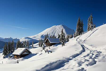 雪地中的建筑木屋图片