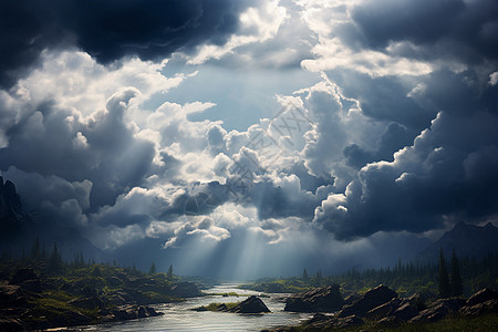 云朵透过光线的河流图片