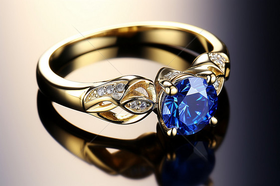 蓝色宝石的金色戒指图片